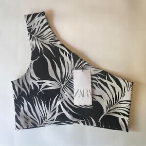Zara Women’s One Shoulder Palm Print Jacquard Cross Over Crop Top Sz M NWT